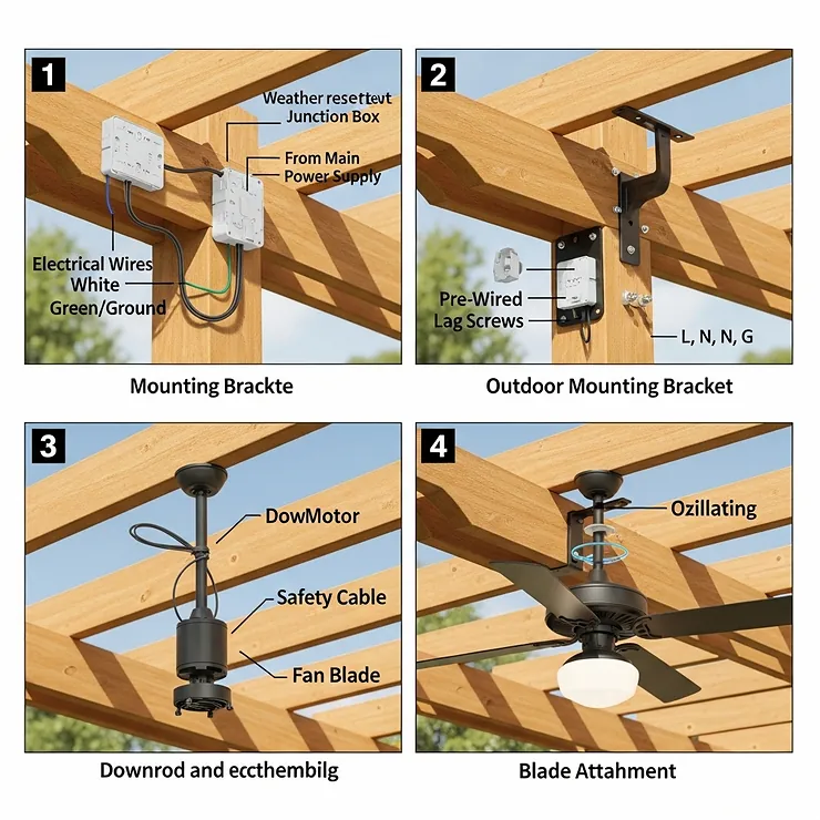 A diagram illustrating the simple installation process for a new outdoor oscillating ceiling fan on a pergola or porch ceiling.