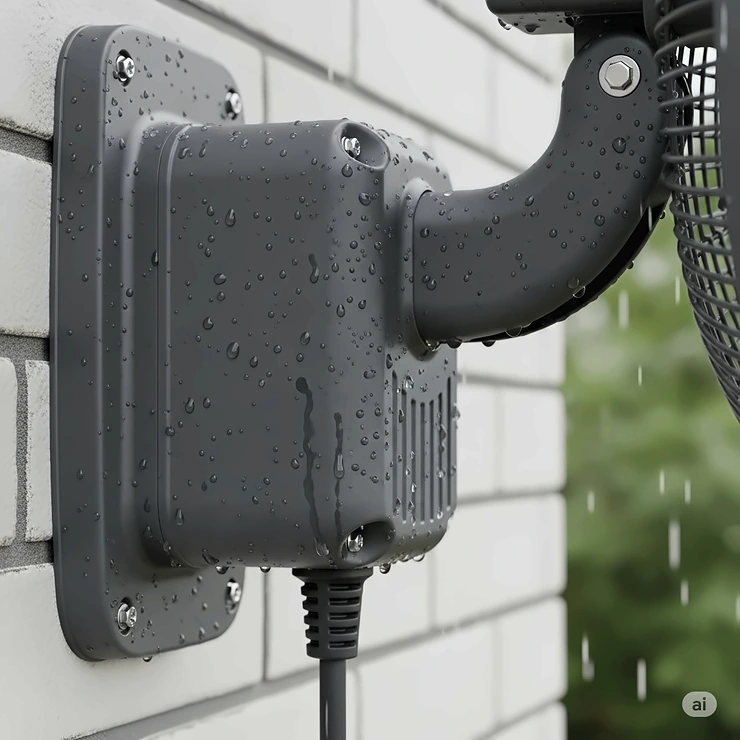 A close-up view of the durable, weather-resistant motor housing of an outdoor oscillating fan wall mount.
