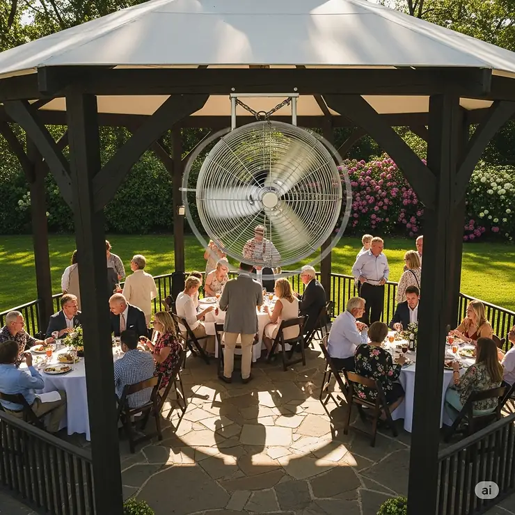 An overhead shot of an oscillating fan mounted inside a large gazebo, effectively cooling guests during an outdoor gathering.