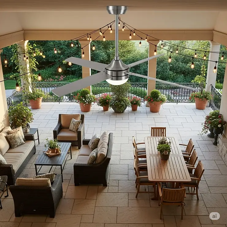 A high-angle shot of a beautiful patio with a stainless steel ceiling fan at its center, enhancing the comfort and style of the outdoor living space.