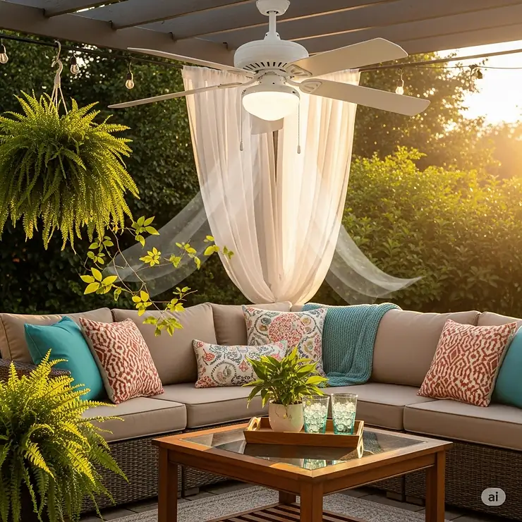 An image of an oscillating ceiling fan installed above a comfortable outdoor seating area, helping to create a relaxing and bug-free environment.