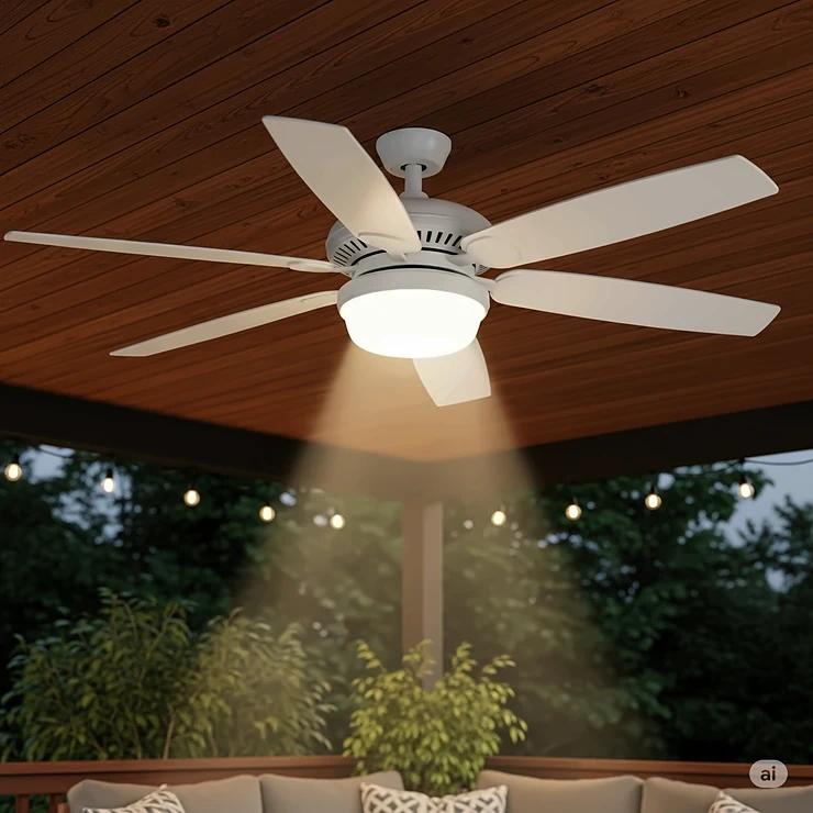 A versatile outdoor ceiling fan with an integrated LED light kit, providing both powerful air circulation and illumination for a deck or patio.