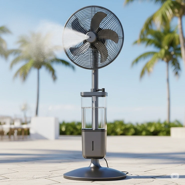 A cooling fan with an integrated water tank, designed for continuous misting and air cooling at outdoor venues.