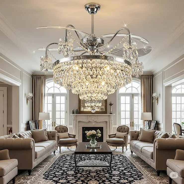 A crystal fandelier, a combination of a fan and a chandelier, providing a glamorous and unique centerpiece in a formal or elegant living room.
