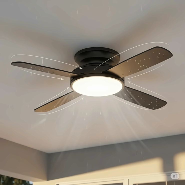 An illustration showcasing the sleek, flush-mount design of a low profile outdoor ceiling fan with an integrated light, ideal for spaces with lower ceilings.