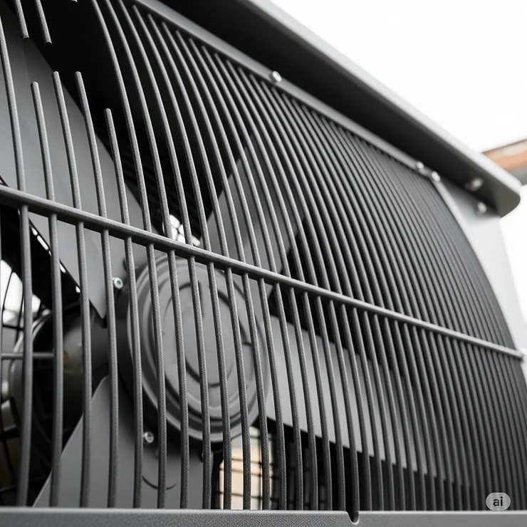 A detailed view of the durable, rust-proof grill on a heavy-duty outdoor fan.
