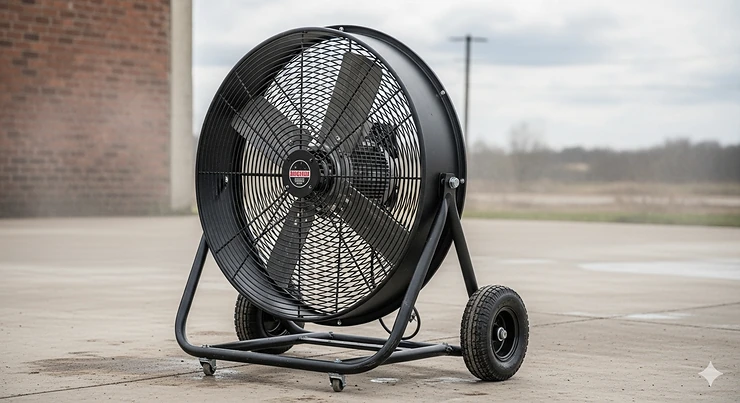 Heavy-duty, weatherproof 30-inch fan with a rust-resistant finish and commercial-grade motor, designed for extreme outdoor conditions.