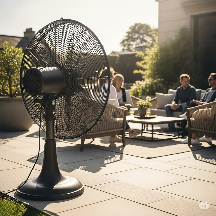 A high-velocity fan pointed towards a seating area on a sunny outdoor patio, keeping attendees comfortable.