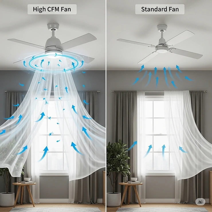 A side-by-side comparison illustrating the difference in airflow between a high CFM ceiling fan and a standard, low-CFM fan.