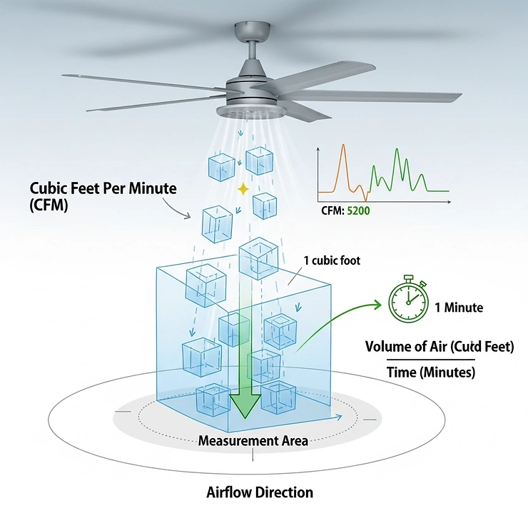A diagram illustrating how cubic feet per minute (CFM) is measured, showing air volume passing through a specific area over time to rate a ceiling fan's airflow.