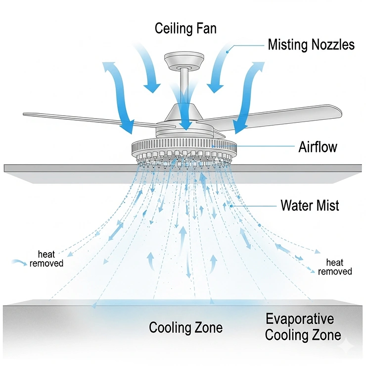 A diagram illustrating how a misting ceiling fan cools the air through evaporation, showing air flow and water mist.