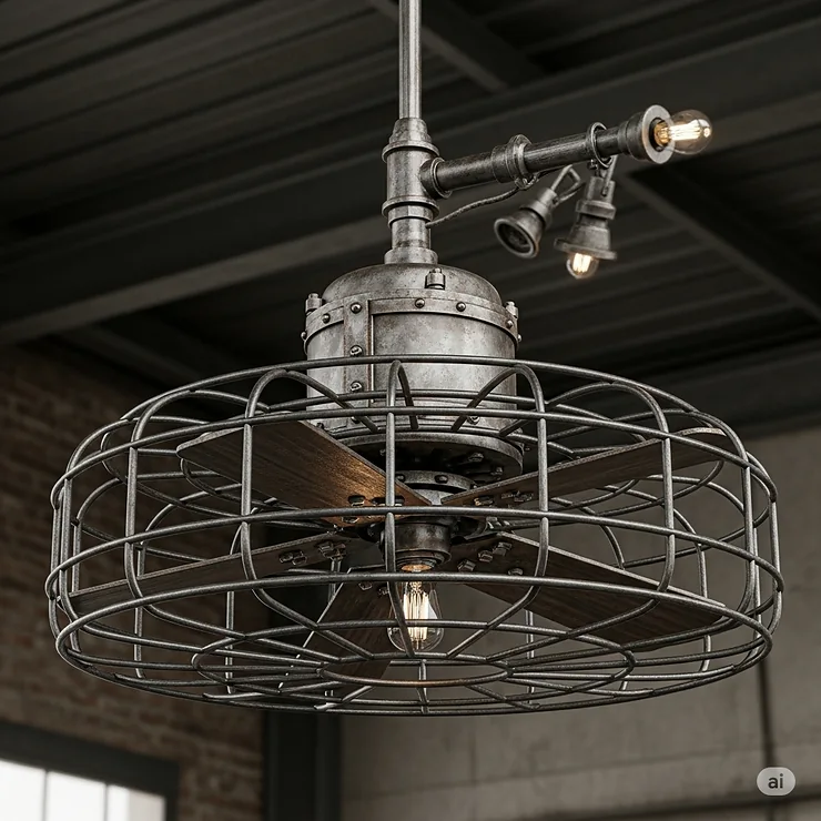 A strange ceiling fan with a protective industrial cage around the blades, giving it a rugged, factory-inspired look.
