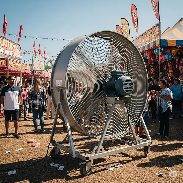 An industrial-grade fan used to cool down a large area at a festival or fair.