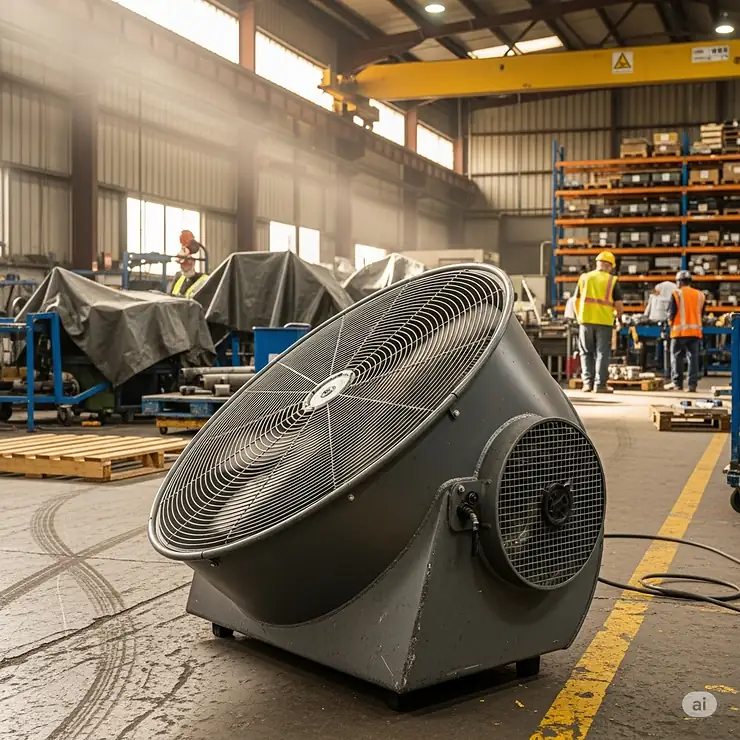 A heavy-duty industrial drum fan providing powerful airflow in a factory setting, effectively cooling the space and improving air quality for employees.
