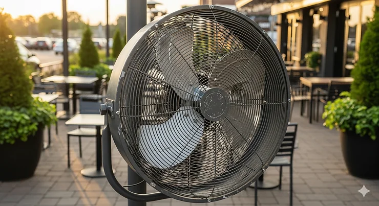 An industrial-grade 30-inch outdoor fan with a durable metal housing and three powerful blades, perfect for commercial patios.