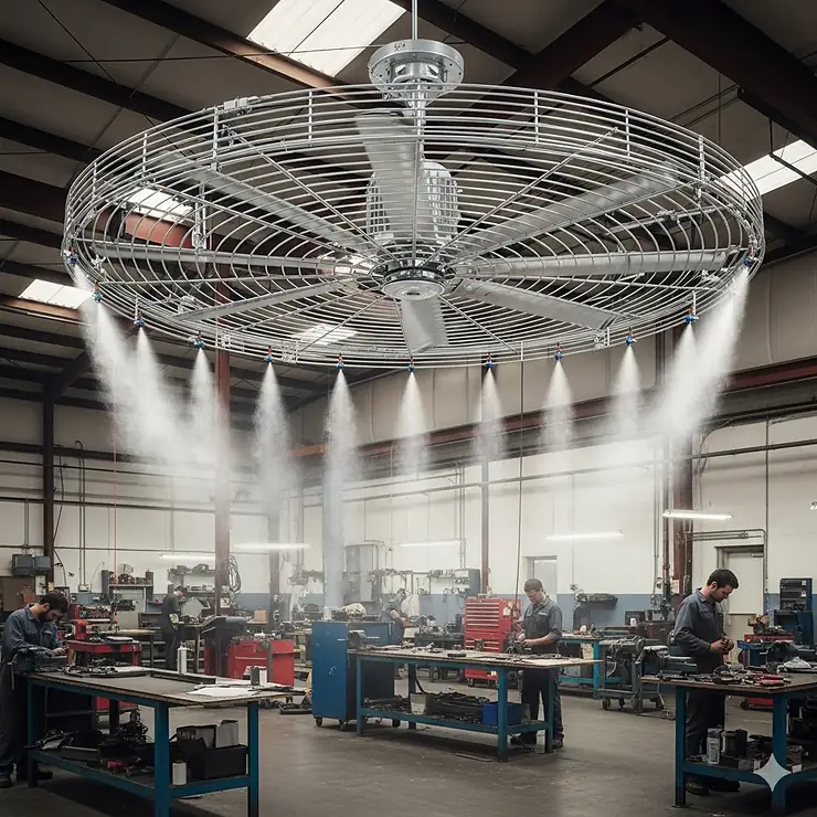 A large, heavy-duty industrial misting ceiling fan in a commercial workshop, used for powerful cooling and air circulation.