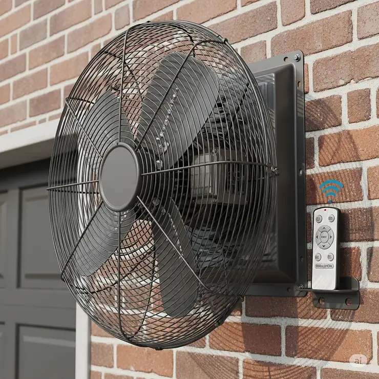 A powerful, industrial-style outdoor wall fan with a remote, ideal for large workshops, garages, or covered commercial spaces.