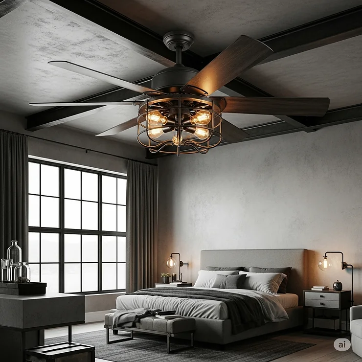 An industrial-style ceiling fan with metal finishes and exposed bulbs, providing a unique design element to a master bedroom.