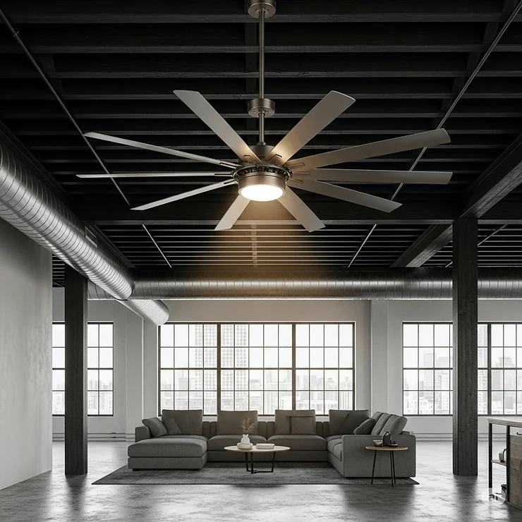 A large, industrial-style ceiling fan with multiple blades and a bold metallic finish, perfect for cooling a spacious living room with an open layout.
