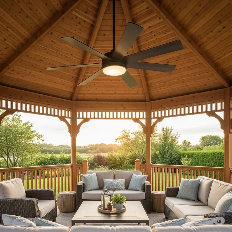 A large outdoor ceiling fan (54 inches and up) hanging in a large gazebo, perfect for cooling an expansive outdoor living area.