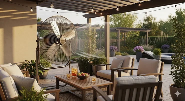 A 30-inch high-velocity outdoor fan providing powerful cooling for a large residential patio area.