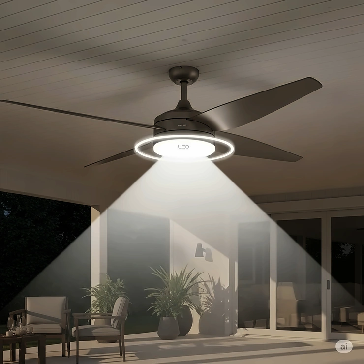 An illustration focusing on the energy-efficient LED light kit integrated into a low profile outdoor ceiling fan, providing bright and long-lasting illumination.