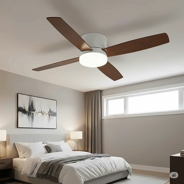 A contemporary, low-profile ceiling fan mounted flush to the ceiling, perfect for master bedrooms with lower ceilings.