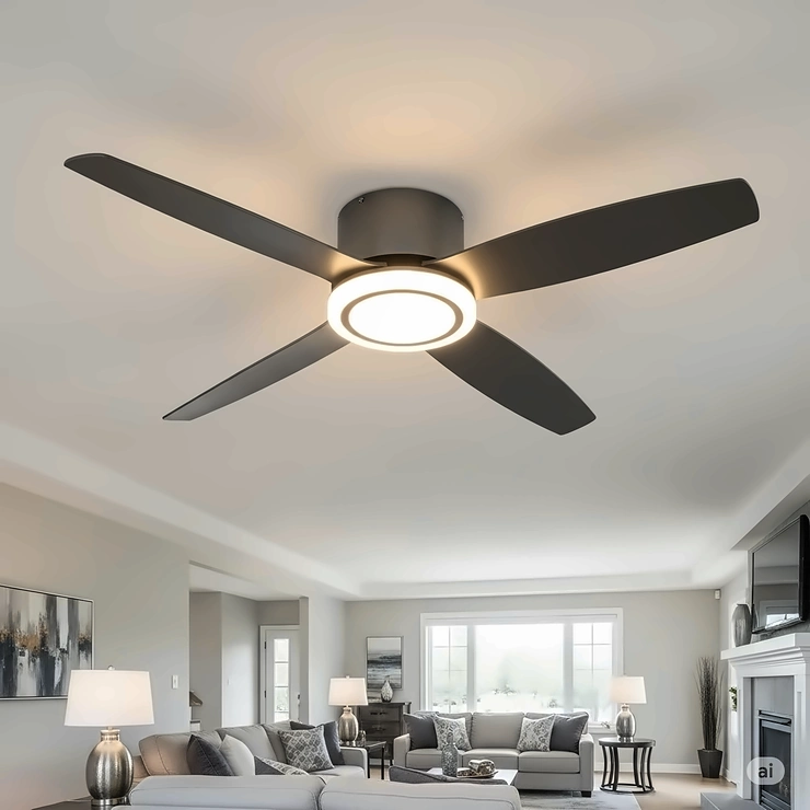 A sleek, low-profile ceiling fan with a built-in LED light kit, ideal for a living room with a low ceiling, providing both illumination and air circulation.