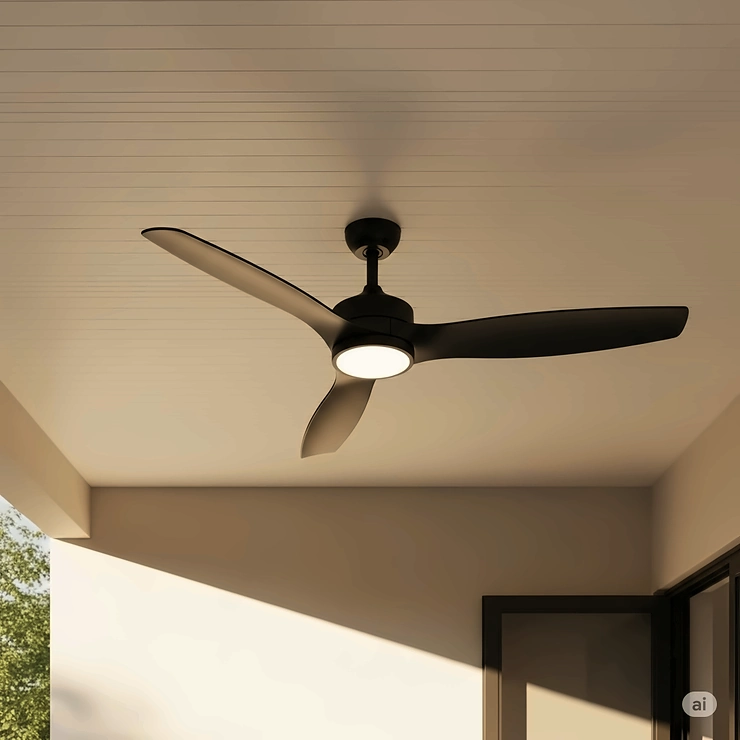 A striking black low profile outdoor ceiling fan installed on a light-colored ceiling, creating a bold, contemporary contrast and style statement.