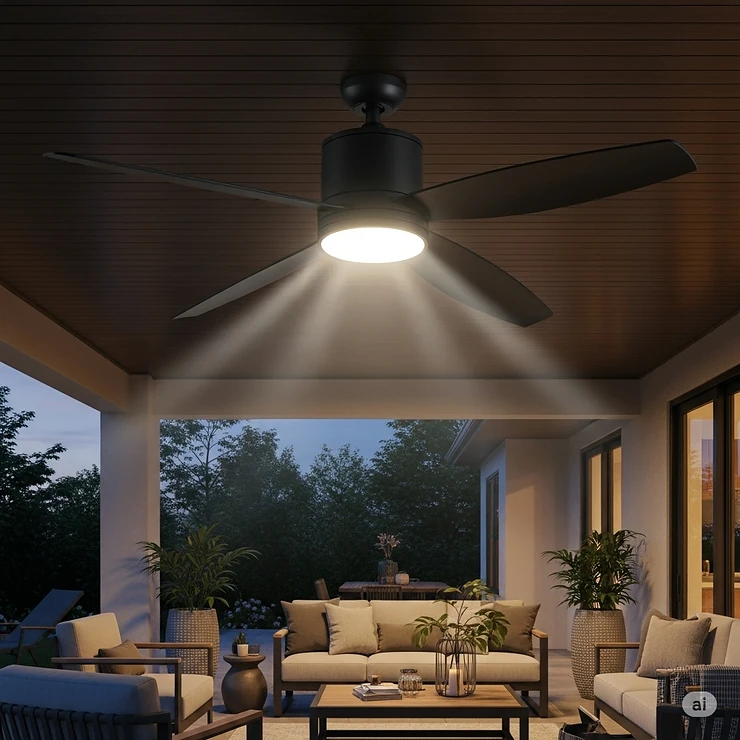 A modern black low profile outdoor ceiling fan with an integrated LED light, installed on a covered patio, providing both illumination and airflow for comfortable outdoor living.