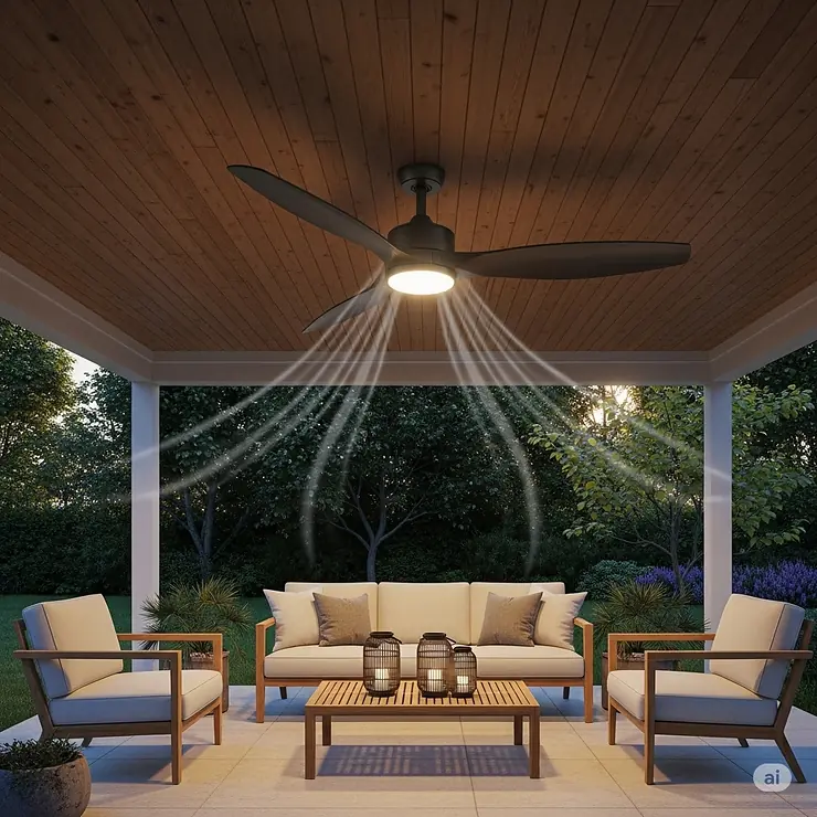 A modern, low profile outdoor ceiling fan installed on a covered patio with comfortable seating, demonstrating its sleek design and efficient airflow in an exterior living space. low profile outdoor ceiling fans