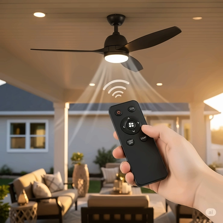 A user holding a remote control for a low profile outdoor ceiling fan, illustrating the convenience of adjusting fan speed and light settings from a distance.