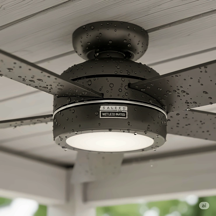 Close-up of a low profile outdoor ceiling fan with a wet-rated design, highlighting its sealed motor and corrosion-resistant blades, ideal for uncovered porches and gazebos.
