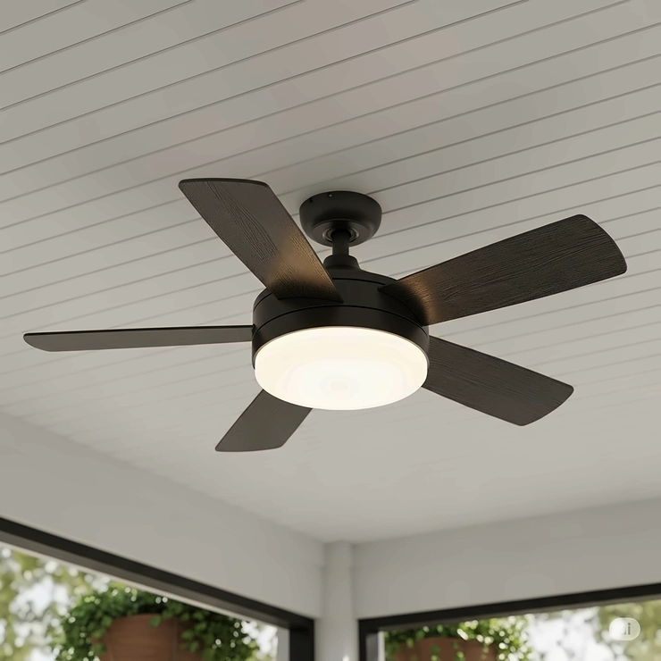 An overhead view of a low profile outdoor ceiling fan with an integrated LED light kit, highlighting the fan's dual function for air circulation and illumination.