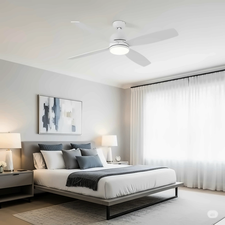 A stylish, modern master bedroom with a white ceiling fan and light, offering both cooling and illumination. master bedroom ceiling fans
