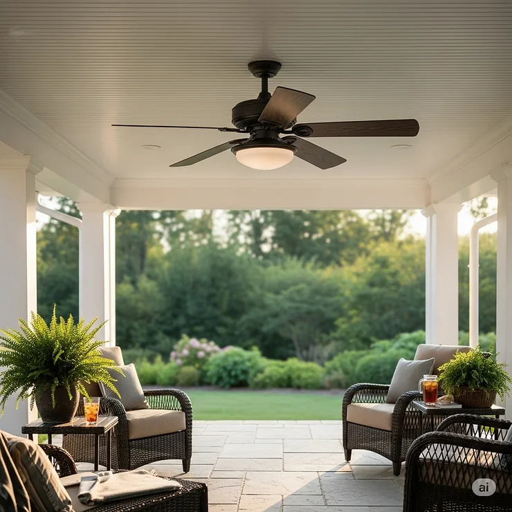 A medium-sized outdoor ceiling fan (44-54 inches) positioned over a spacious porch, providing ample air circulation.