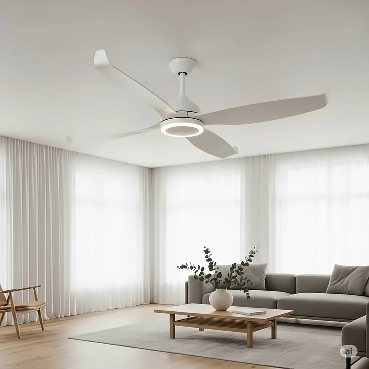 A very minimalist, designer ceiling fan with a simple, sculptural design that blends seamlessly into a modern living room's decor.