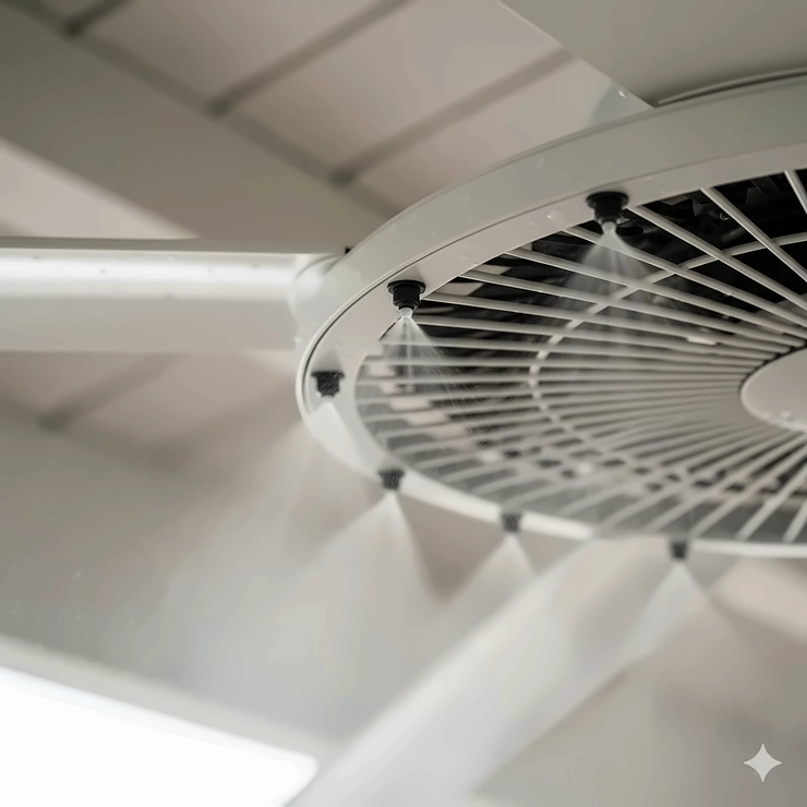 A close-up view of the misting nozzles on a white outdoor ceiling fan, showing the fine spray of water droplets.