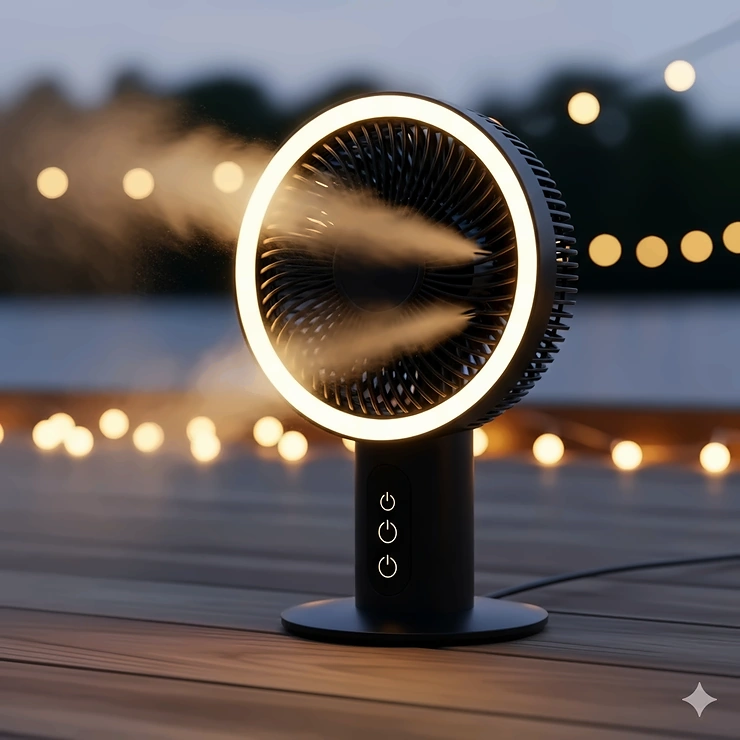 A modern misting fan with an integrated LED light kit, perfect for evening use on a deck or porch.