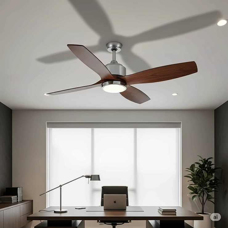 A sleek, modern exotic ceiling fan with dark wood blades and a minimalist motor housing, complementing a contemporary home office.