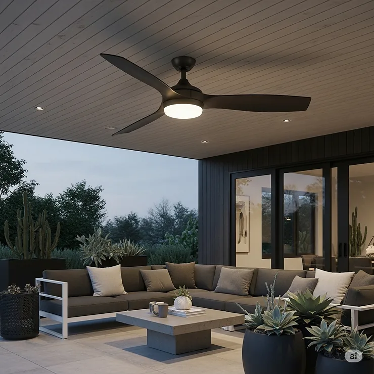 A stylish, modern low profile outdoor ceiling fan with light in a contemporary outdoor living space, complementing modern decor.