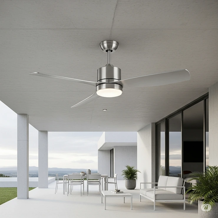 A contemporary, minimalist stainless steel ceiling fan, ideal for modern outdoor architectural styles and designs.