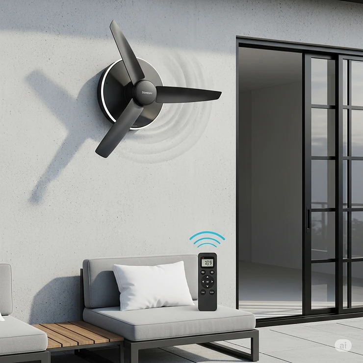 A stylish, modern outdoor wall fan with a sleek design that complements contemporary outdoor living spaces, controlled by a user-friendly remote.