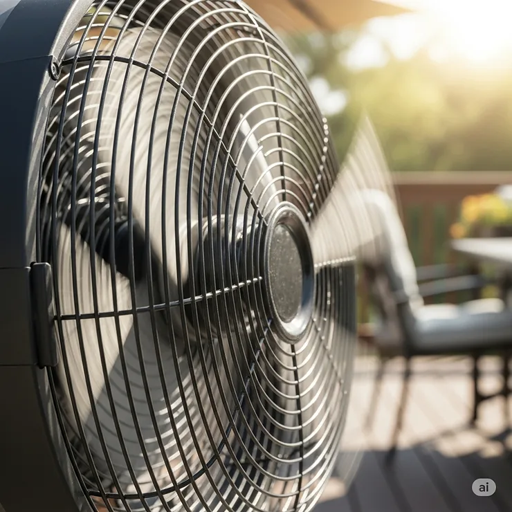 An animated GIF showing the smooth, sweeping motion of an oscillating outdoor fan head, demonstrating its ability to circulate air over a wide area.