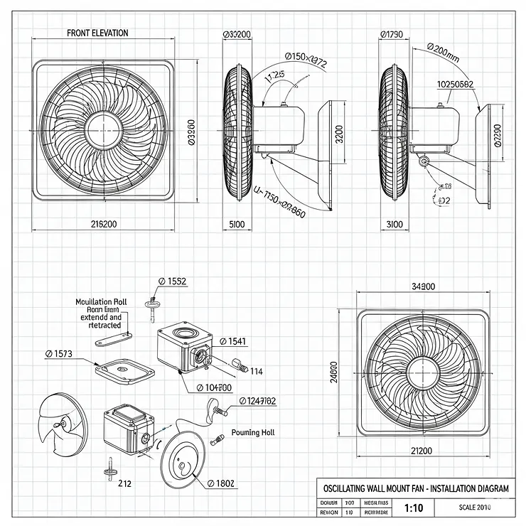 Technical drawing showing the exact dimensions of the oscillating wall mount fan, useful for planning installation space.