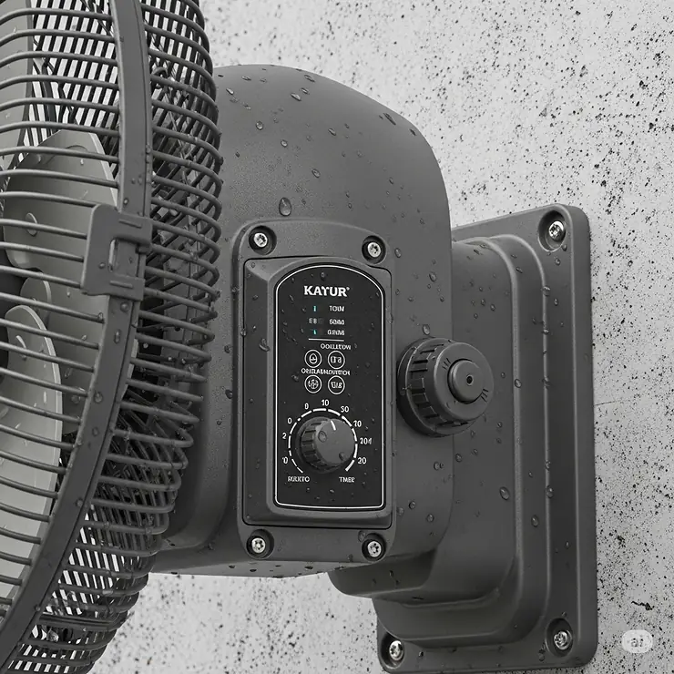 Close-up of the key features of an outdoor oscillating wall mount fan, highlighting the control panel and adjustable head.
