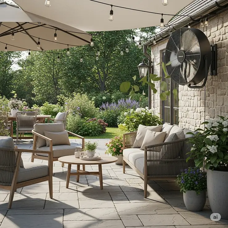 A wide shot of an outdoor patio with a wall-mounted oscillating fan effectively cooling the seating area.
