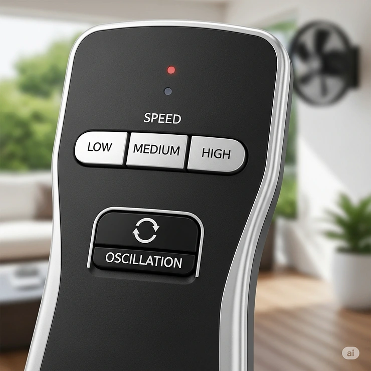 A wireless remote control used to operate an outdoor oscillating wall mount fan, showing buttons for speed and oscillation.