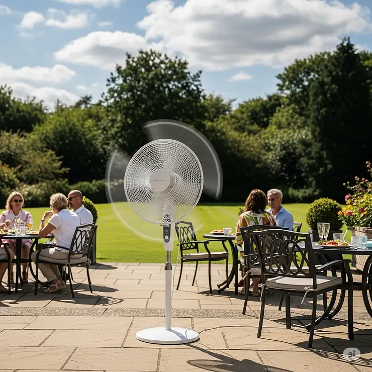 An oscillating pedestal fan outdoor, showcasing its wide-ranging air circulation to cool a large gathering area.