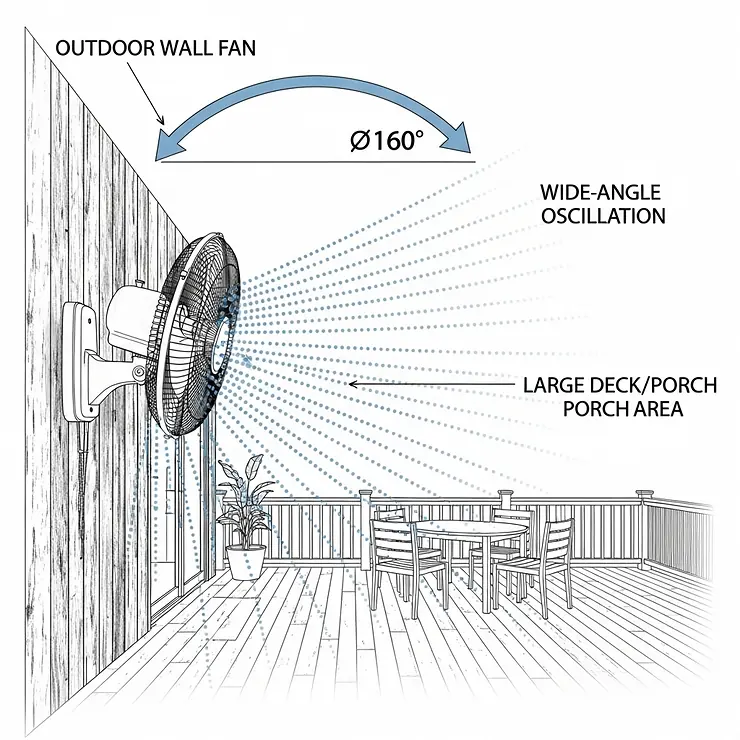 A diagram showing the wide-angle oscillation of an outdoor wall fan, effectively distributing cool air across a large deck or porch.